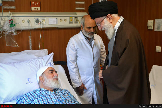 عیادت مقام معظم رهبری از حجت‌الاسلام محمدی گلپایگانی و همسر شهید عباس بابایی 